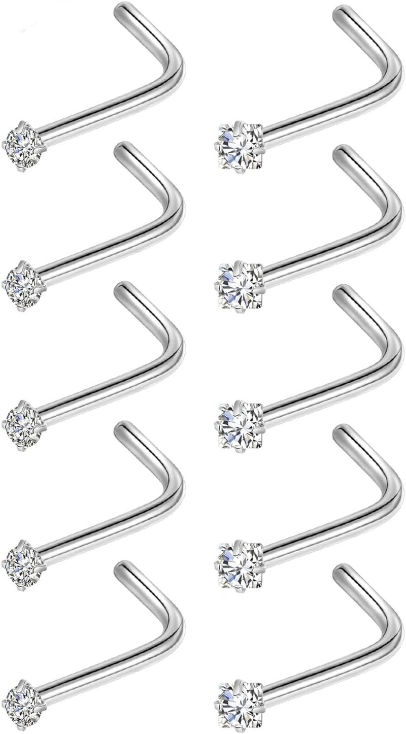 XoCiuKe 10Pcs 20G Nose Rings Studs for Women Corkscrew Sliver Nose Studs Hypoallergenic Nose Rings 316L Surgical Stainless Steel Nose Nostril Percing Jewely for Women Men Round Square CZ Imitation Diamond 1.5mm/2.0mm/2.5mm/3.0mm - Image 1